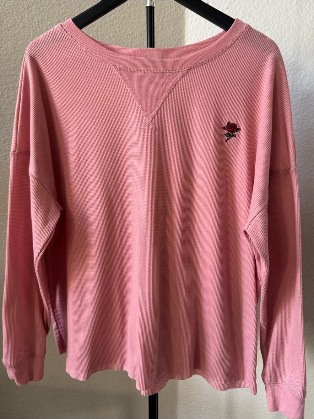 La Hearts Pink Crewneck Thermal Sweater with Rose Patch